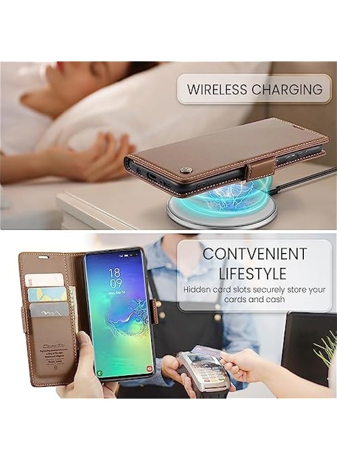 Samsung Galaxy S10+ Plus Leather Wallet Case with Magnetic Stand - Fashion Brown - Image 4