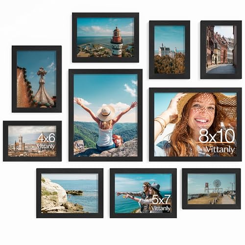 Vittanly 10 Pack Picture Frames Collage Wall Decor, Gallery Wall Frame Set for Wall or Tabletop Display, Engineered Wood and Shatter-resistant Plexiglass, Multi Sizes with 8x10, 5x7, 4x6 Frames, Black - Image 1