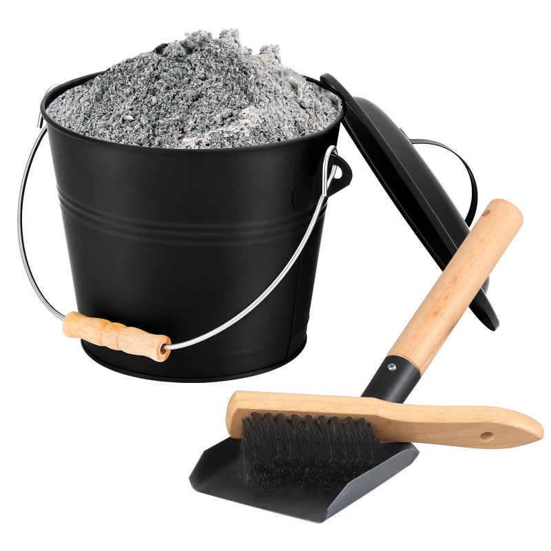 FEED GARDEN Mini Ash Bucket with LidShovelBroom and Screwdriver 13 Gallon Fireplace Metal BucketPellet Charcoal Bucket Ash Can for Fireplace Fire PitsHearthWood StovesIndoor OutdoorBlack