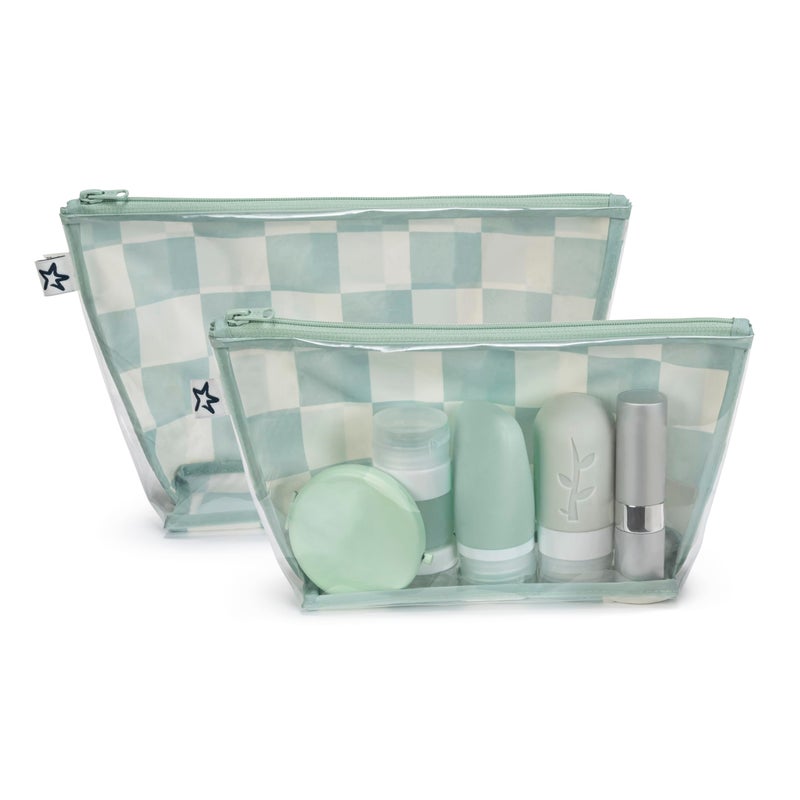 Tiny Twinkle Diaper Bag Organizing Pouches | 2 Pack Mess-Proof Travel Organizer Bags with Structured Bottom & Clear Front | TSA Approved Toiletry Bag Set for Baby and Mom Essentials (Sage Checkers) - Image 1