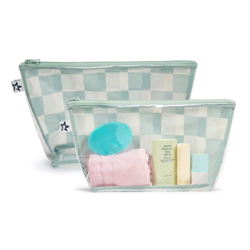 Tiny Twinkle Diaper Bag Organizing Pouches | 2 Pack Mess-Proof Travel Organizer Bags with Structured Bottom & Clear Front | TSA Approved Toiletry Bag Set for Baby and Mom Essentials (Sage Checkers) - Image 3