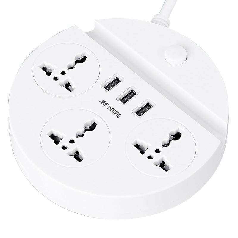 Ant Esports PS330 Power Strips with 3 Universal Socket and 3 USBA 3Meter Cord 2500Watt Fireproof Material Heavy Duty Cable Overload Protection Extension Cord for HomeOffice AppliancesWhite - Image 1