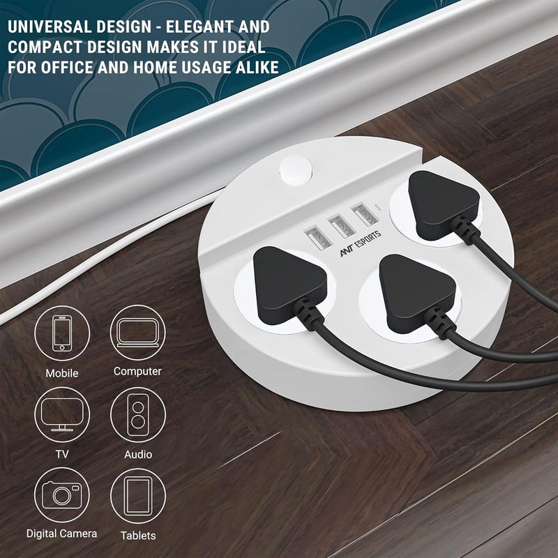 Ant Esports PS330 Power Strips with 3 Universal Socket and 3 USBA 3Meter Cord 2500Watt Fireproof Material Heavy Duty Cable Overload Protection Extension Cord for HomeOffice AppliancesWhite - Image 3