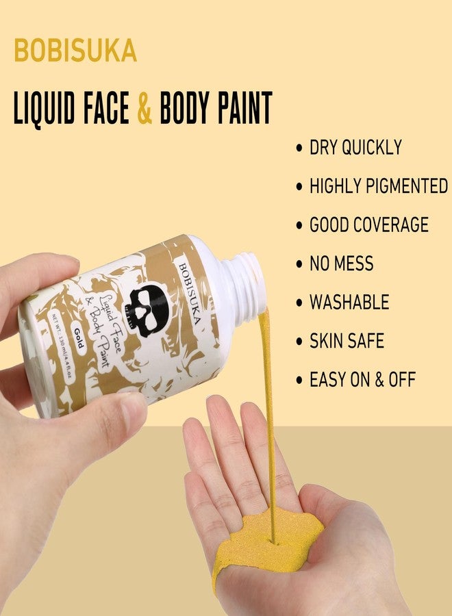 BOBISUKA Gold Face Body Paint Liquid Texture Washable Non Toxic Facepaint Fast Drying Metallic Gold Foundation Makeup for Halloween Cosplay SFX Costume Party Large Capacity(130ml) - Image 2