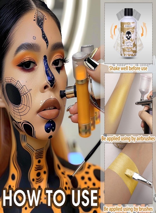 BOBISUKA Gold Face Body Paint Liquid Texture Washable Non Toxic Facepaint Fast Drying Metallic Gold Foundation Makeup for Halloween Cosplay SFX Costume Party Large Capacity(130ml) - Image 5