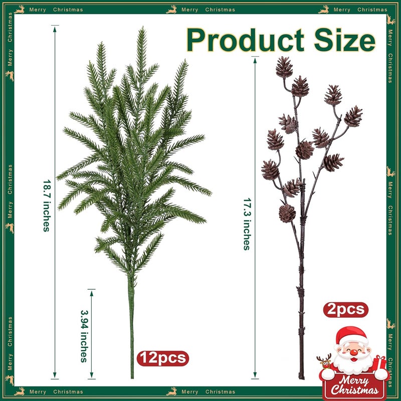 florisso Artificial Christmas Norfolk Pine Stems Branches for Vases,12 Bundles Fake Pine Stems with 2 PCS Small Pinecones Branches Faux Evergreen Real Touch Greenery for Xmas Holiday Winter Table Indoor Decor - Image 5