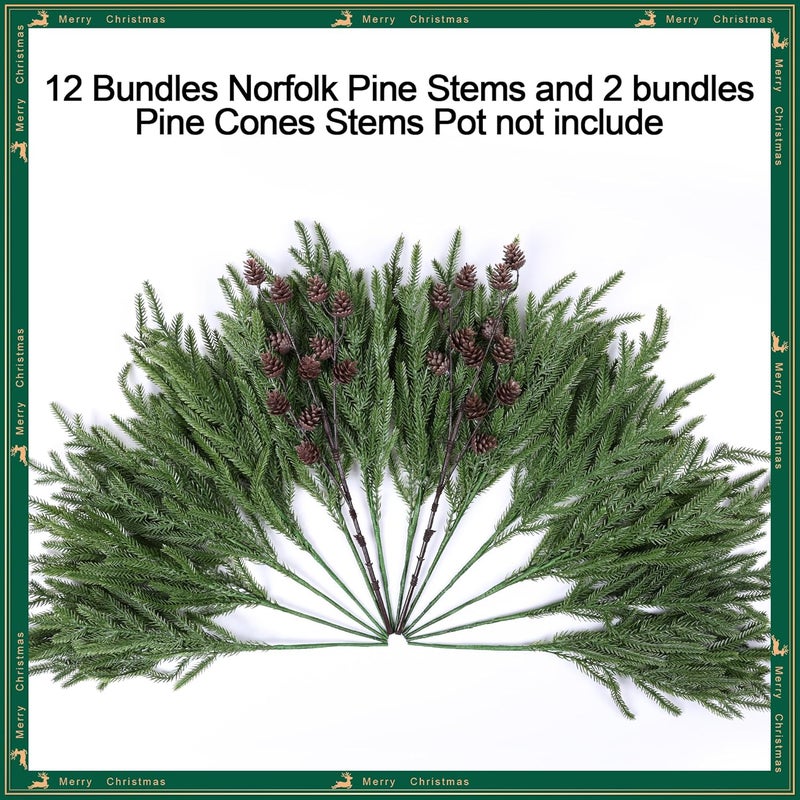 florisso Artificial Christmas Norfolk Pine Stems Branches for Vases,12 Bundles Fake Pine Stems with 2 PCS Small Pinecones Branches Faux Evergreen Real Touch Greenery for Xmas Holiday Winter Table Indoor Decor - Image 3