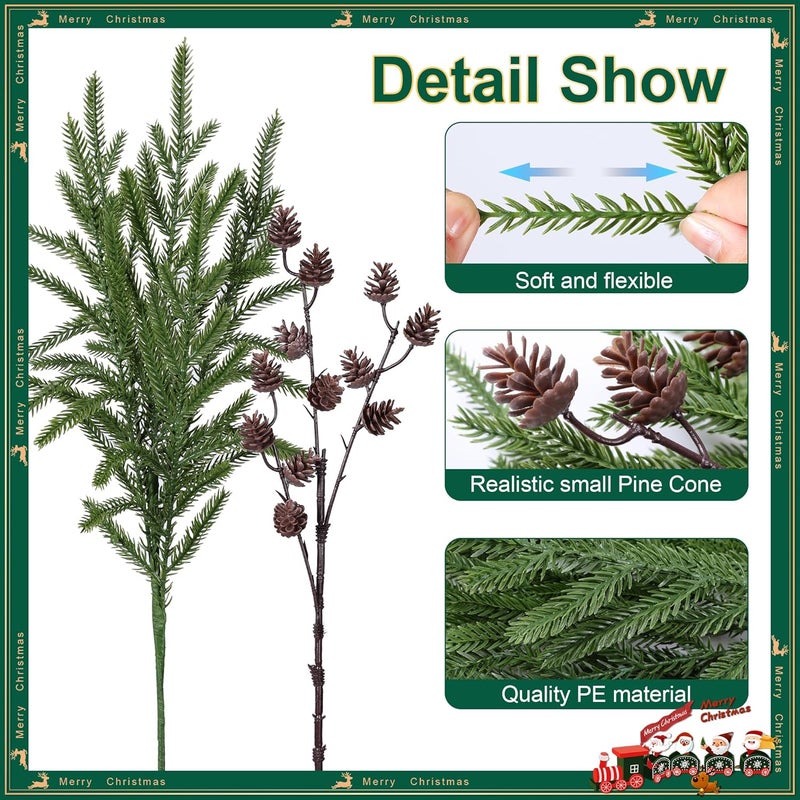 florisso Artificial Christmas Norfolk Pine Stems Branches for Vases,12 Bundles Fake Pine Stems with 2 PCS Small Pinecones Branches Faux Evergreen Real Touch Greenery for Xmas Holiday Winter Table Indoor Decor - Image 4