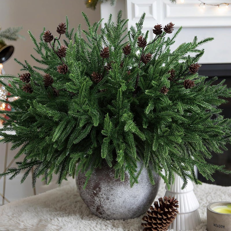 florisso Artificial Christmas Norfolk Pine Stems Branches for Vases,12 Bundles Fake Pine Stems with 2 PCS Small Pinecones Branches Faux Evergreen Real Touch Greenery for Xmas Holiday Winter Table Indoor Decor - Image 1