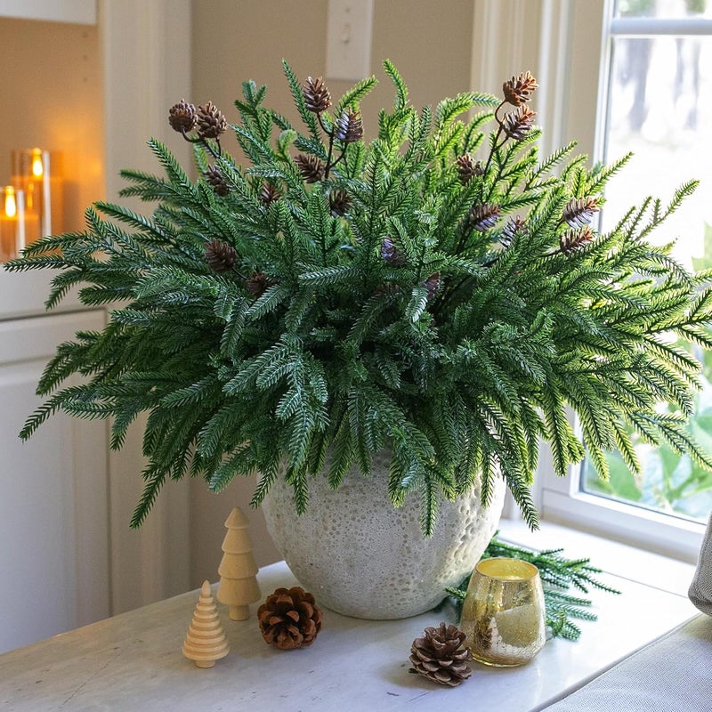 florisso Artificial Christmas Norfolk Pine Stems Branches for Vases,12 Bundles Fake Pine Stems with 2 PCS Small Pinecones Branches Faux Evergreen Real Touch Greenery for Xmas Holiday Winter Table Indoor Decor - Image 2