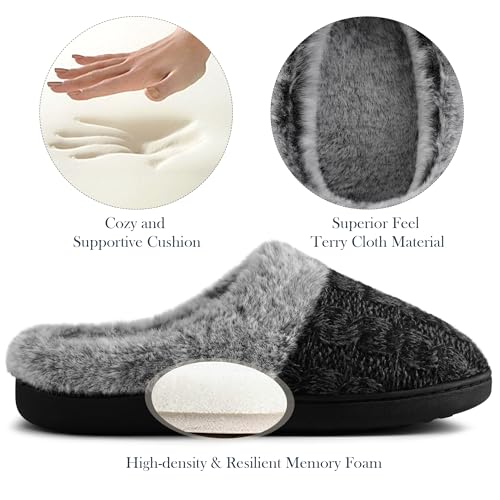 shoeslocker Womens Memory Foam Fuzzy Slippers Knitted House Slippers for Women Comfy Slip-On Warm House Shoes, black size 8 - Image 4