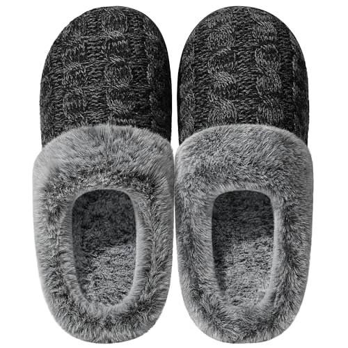 shoeslocker Womens Memory Foam Fuzzy Slippers Knitted House Slippers for Women Comfy Slip-On Warm House Shoes, black size 8 - Image 1