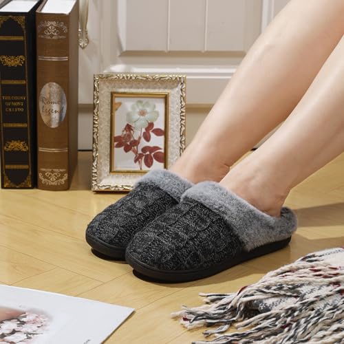 shoeslocker Womens Memory Foam Fuzzy Slippers Knitted House Slippers for Women Comfy Slip-On Warm House Shoes, black size 8 - Image 2