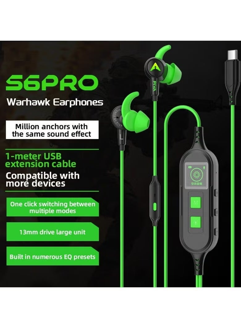 PIVA S6PRO-G Type-C Gaming Headset Built-in LED display on the controller shows instant information such as volume level and operating mode Equipped with a built-in sound card 3D surround sound to accurately simulate reality while gaming Green - Image 2