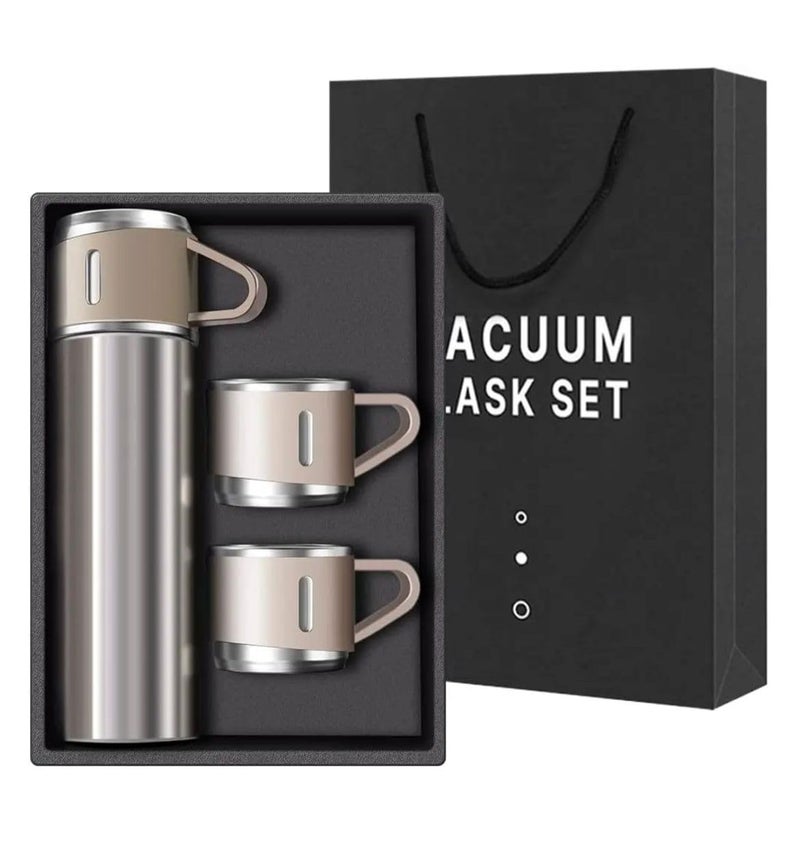 Redvant Redvant 1 Steel Vacuum Flask Set with 3 Stainless Steel Cups Forcoffee Hot Drink Cold Water Ideal Gift and Travel Friendly Silver - Image 1