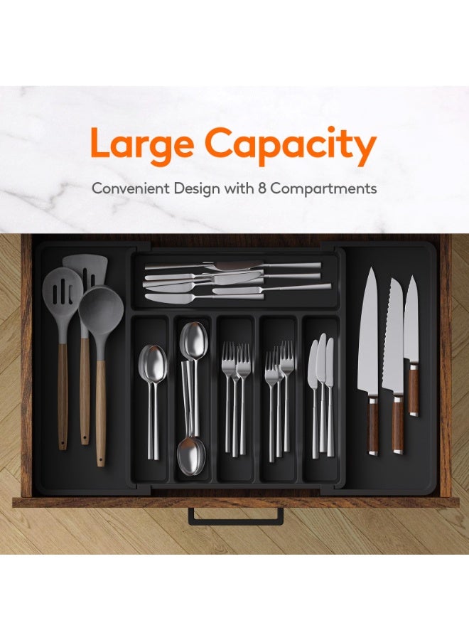 Silverware Drawer Organizer, Expandable Utensil Tray for Kitchen, BPA Free Flatware and Cutlery Holder, Adjustable Plastic Storage for Spoons Forks Knives, Large, Black - Image 2
