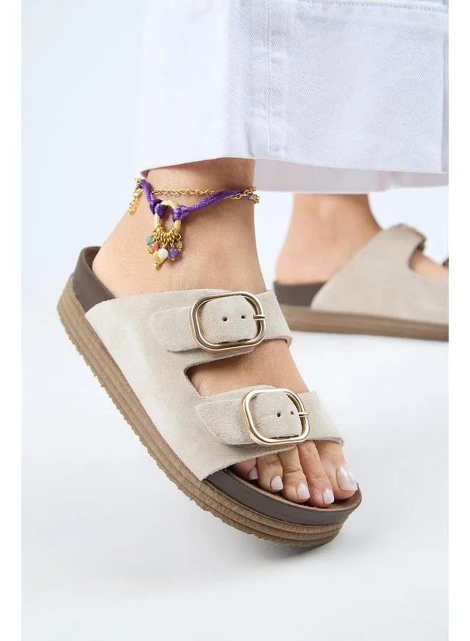 Alexa Women's Real Leather Double Buckle Platform Beige Sandal.