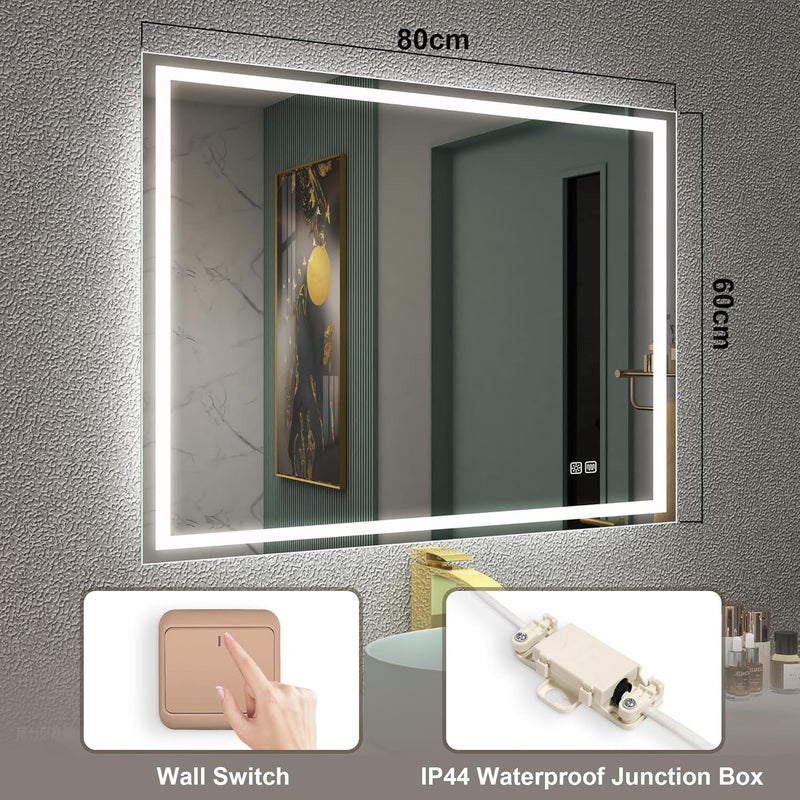 STARLEAD Bathroom Mirror with Lighting 80 x 60 cm, Dimmable, 3 Colour Temperatures 3000 K - 6500 K, Mirror with Lighting and Demogging, Memory Function, IP44 Bathroom Mirror, Horizontal/Vertical - Image 5