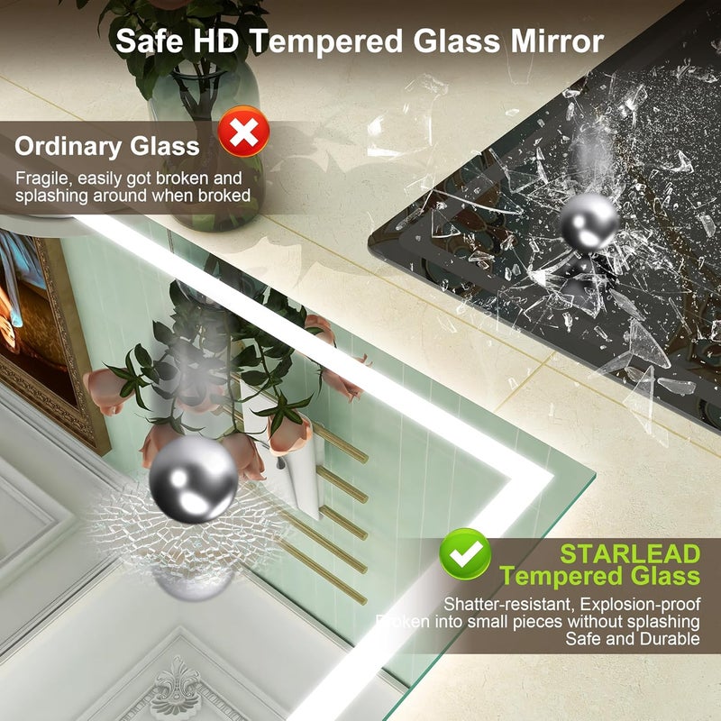 STARLEAD Bathroom Mirror with Lighting 80 x 60 cm, Dimmable, 3 Colour Temperatures 3000 K - 6500 K, Mirror with Lighting and Demogging, Memory Function, IP44 Bathroom Mirror, Horizontal/Vertical - Image 4