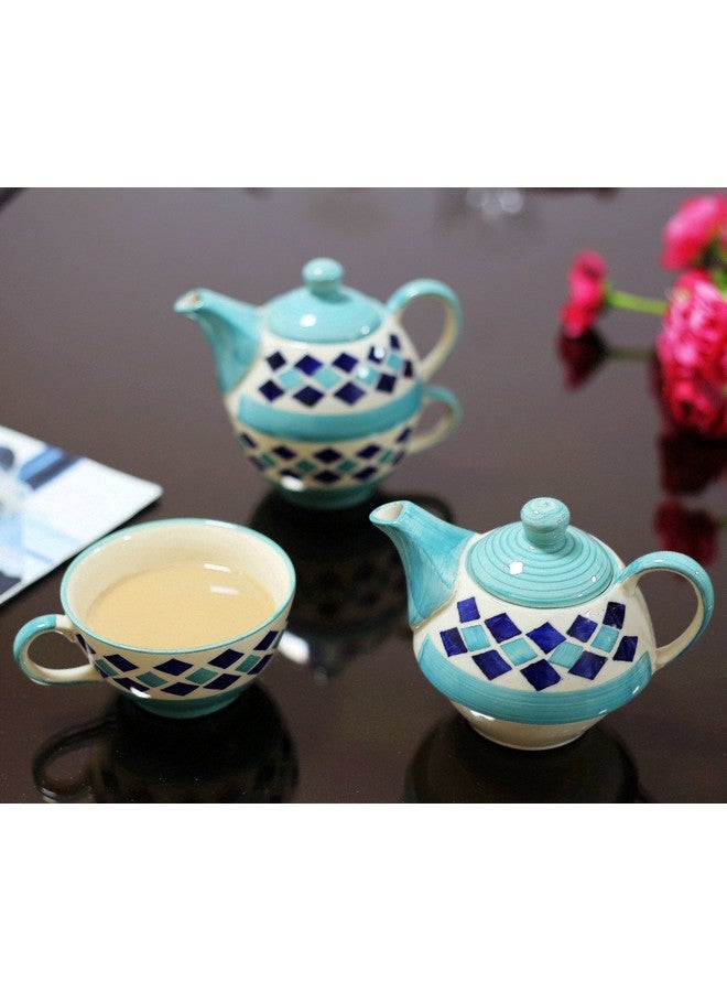 KITTENS Hand Painted Stackable Ceramic Tea Pot & Cup Set - 325ml - Blue Diamond Pattern - Microwave & Dishwasher Safe - Food Grade - an All Occasion Gift for Tea Lovers - Image 1