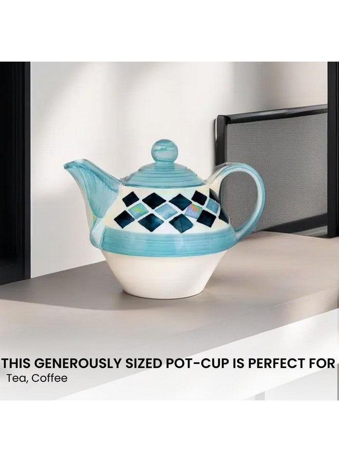 KITTENS Hand Painted Stackable Ceramic Tea Pot & Cup Set - 325ml - Blue Diamond Pattern - Microwave & Dishwasher Safe - Food Grade - an All Occasion Gift for Tea Lovers - Image 2