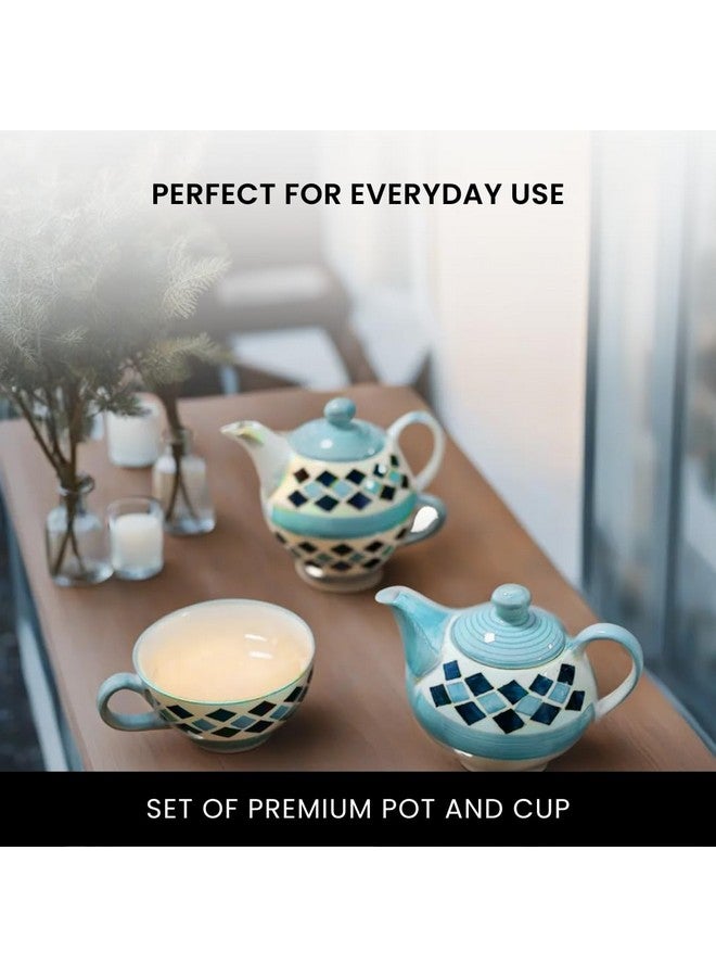 KITTENS Hand Painted Stackable Ceramic Tea Pot & Cup Set - 325ml - Blue Diamond Pattern - Microwave & Dishwasher Safe - Food Grade - an All Occasion Gift for Tea Lovers - Image 4