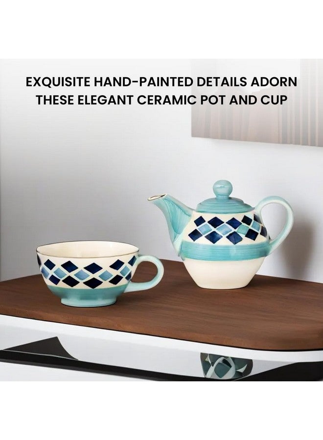 KITTENS Hand Painted Stackable Ceramic Tea Pot & Cup Set - 325ml - Blue Diamond Pattern - Microwave & Dishwasher Safe - Food Grade - an All Occasion Gift for Tea Lovers - Image 3