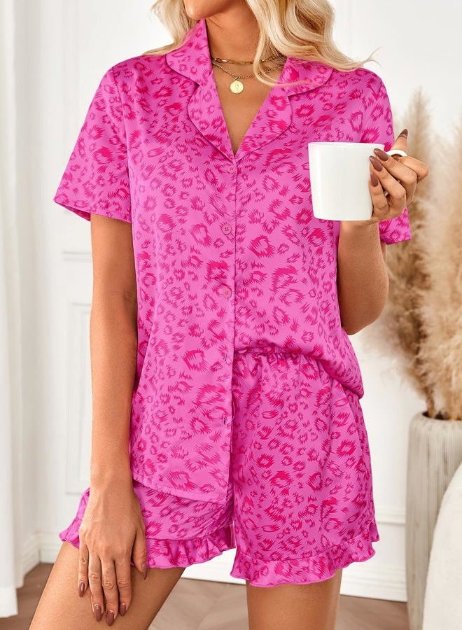 LILLUSORY Graphic Silk Satin Pajamas for Women Set 2 Piece Ruffle Pjs Matching Lounge Party Button Down Sleepwear Nightwear, Hotpinkleopard, XL - Image 3
