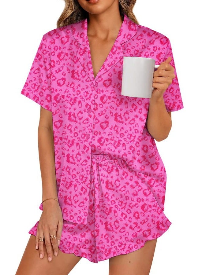 LILLUSORY Graphic Silk Satin Pajamas for Women Set 2 Piece Ruffle Pjs Matching Lounge Party Button Down Sleepwear Nightwear, Hotpinkleopard, XL - Image 1