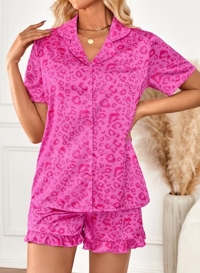 LILLUSORY Graphic Silk Satin Pajamas for Women Set 2 Piece Ruffle Pjs Matching Lounge Party Button Down Sleepwear Nightwear, Hotpinkleopard, XL - Image 2