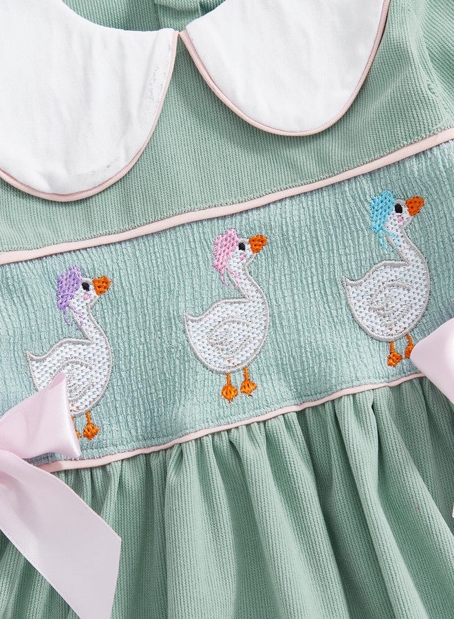 BULINGNA Toddler Baby Girl Silly Goose Outfits Long Sleeve Doll Collar Birthday Cute Goose Dress Smocked Baby Girl Clothes (Green, 6-12 Months) - Image 5