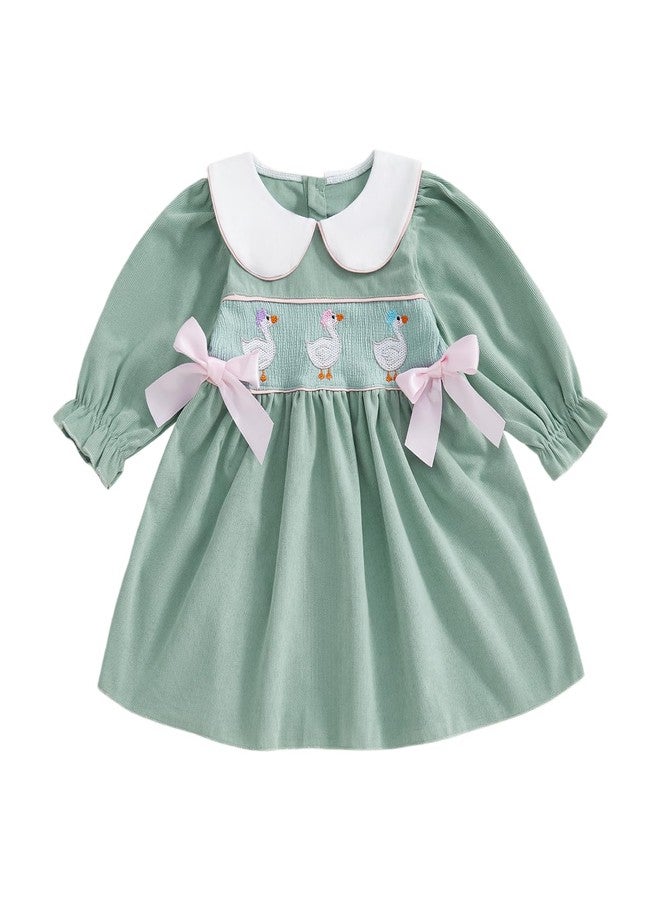 BULINGNA Toddler Baby Girl Silly Goose Outfits Long Sleeve Doll Collar Birthday Cute Goose Dress Smocked Baby Girl Clothes (Green, 6-12 Months) - Image 1
