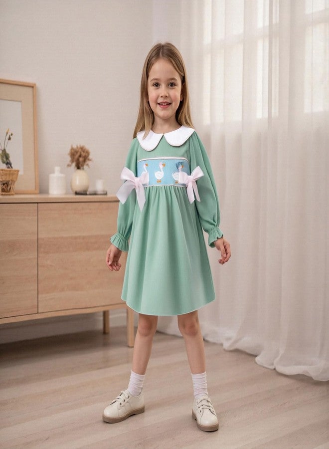BULINGNA Toddler Baby Girl Silly Goose Outfits Long Sleeve Doll Collar Birthday Cute Goose Dress Smocked Baby Girl Clothes (Green, 6-12 Months) - Image 2