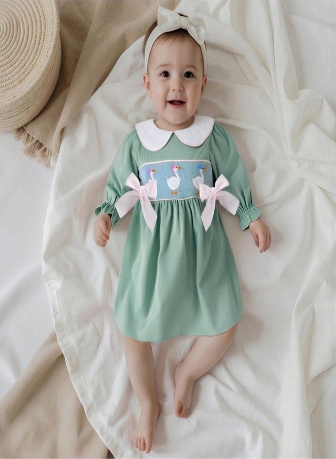 BULINGNA Toddler Baby Girl Silly Goose Outfits Long Sleeve Doll Collar Birthday Cute Goose Dress Smocked Baby Girl Clothes (Green, 6-12 Months) - Image 4