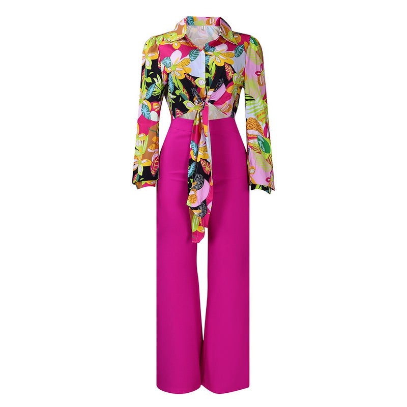 Autumn Printed Collar Shirt  Wide Leg Pants Set Yellow - Image 2