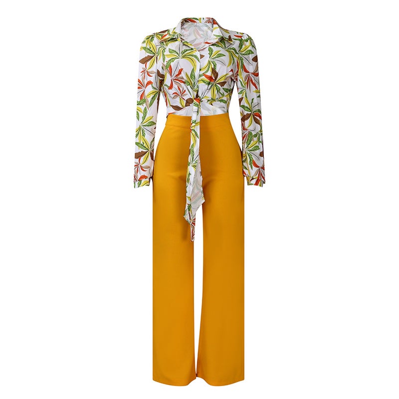 Autumn Printed Collar Shirt  Wide Leg Pants Set Yellow - Image 1