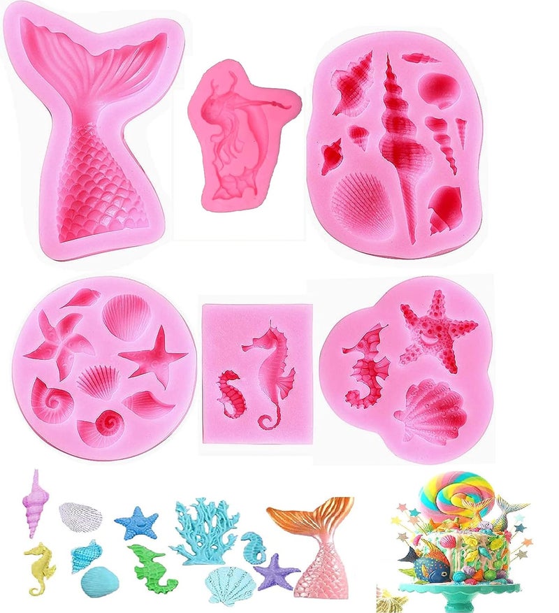 Heptik Silicone Fondant Cake Decoration Chocolate Baking MoldsSea Theme Shell Mermaid Tail Starfish ConchSea Ocean Creatures 3D Chocolate Fondant Soap Resin Mould 6 Piece - Image 1