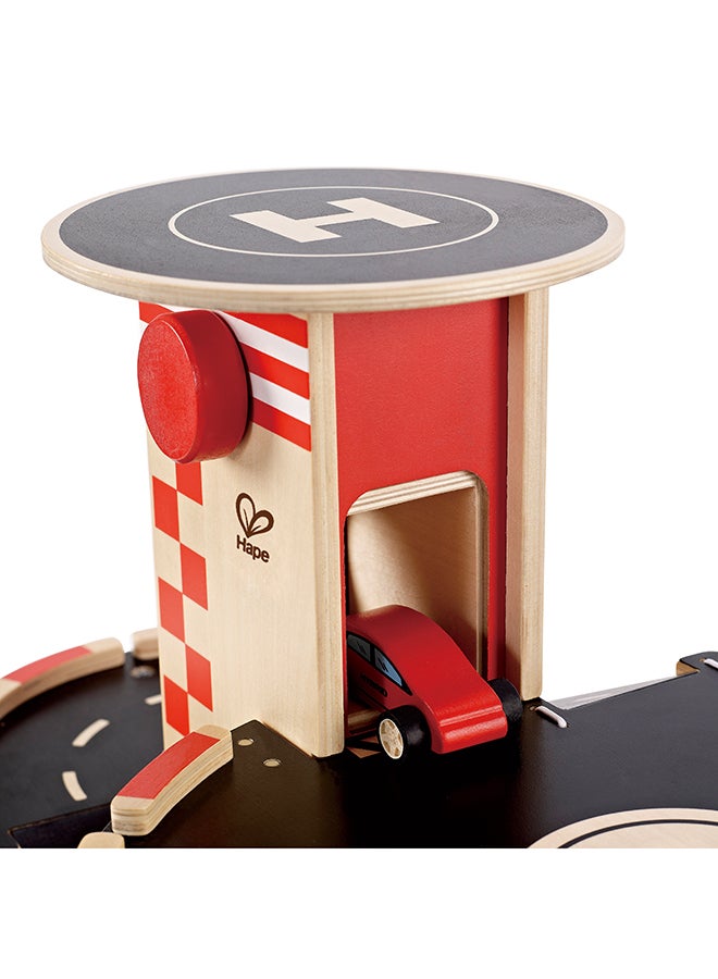 Hape Park and Go Kids Wooden Toy Car Garage Playset by Hape | Car Ramp with Four Parking Levels, 2 Toy Cars, 1 Toy Helicopter, an Elevator and Fueling Station - Image 4