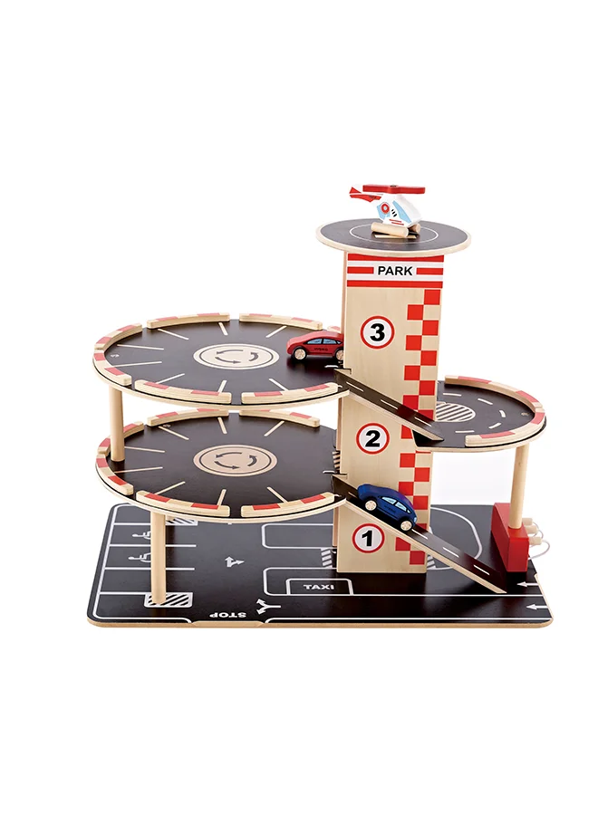 هيب Park and Go Kids Wooden Toy Car Garage Playset by Hape | Car Ramp with Four Parking Levels, 2 Toy Cars, 1 Toy Helicopter, an Elevator and Fueling Station