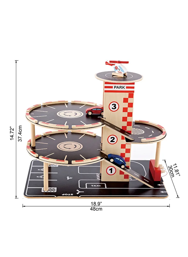 هيب Park and Go Kids Wooden Toy Car Garage Playset by Hape | Car Ramp with Four Parking Levels, 2 Toy Cars, 1 Toy Helicopter, an Elevator and Fueling Station