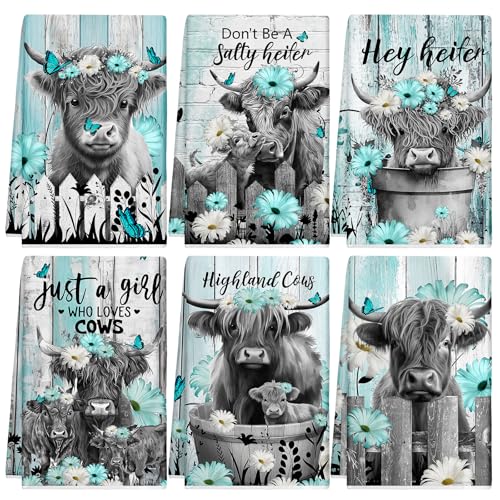 Breling Set of 6 Highland Cattle Kitchen Towels Highland Cow Vintage Themed Dish Towel Bathroom Decorative Rustic Cloths for Kitchen Bathroom Home Cooking Housewarming Gifts 14 x 21 Inch - Image 1
