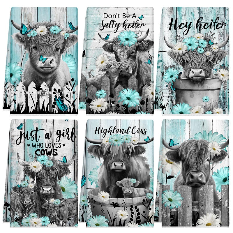 Breling Set of 6 Highland Cattle Kitchen Towels Highland Cow Vintage Themed Dish Towel Bathroom Decorative Rustic Cloths for Kitchen Bathroom Home Cooking Housewarming Gifts 14 x 21 Inch - Image 2