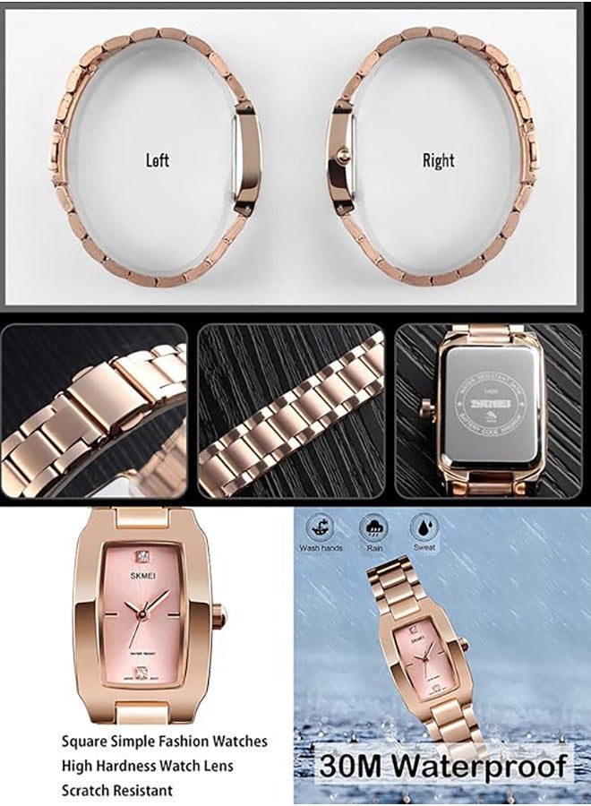 SKMEI Watches for Women Ladies, Female Simple Square, Stainless Luxury Fashion Small Slim Analog Quartz Waterproof, Dress Casual, Wife, Girls, Gifts Rose Gold Wrist Watch - Image 3