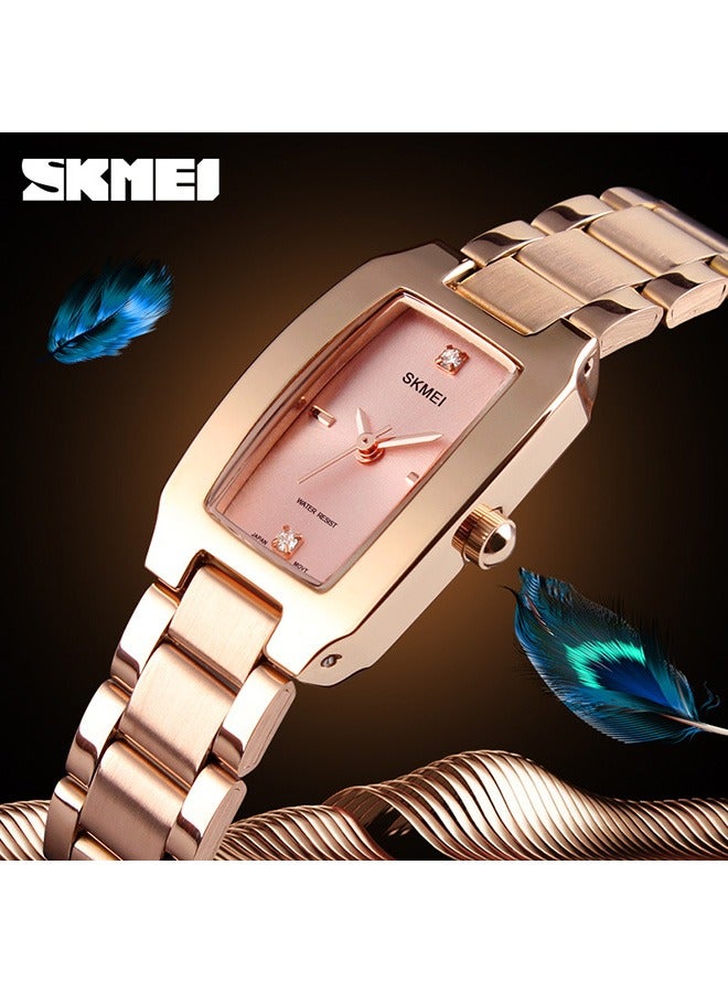 SKMEI Watches for Women Ladies, Female Simple Square, Stainless Luxury Fashion Small Slim Analog Quartz Waterproof, Dress Casual, Wife, Girls, Gifts Rose Gold Wrist Watch - Image 2