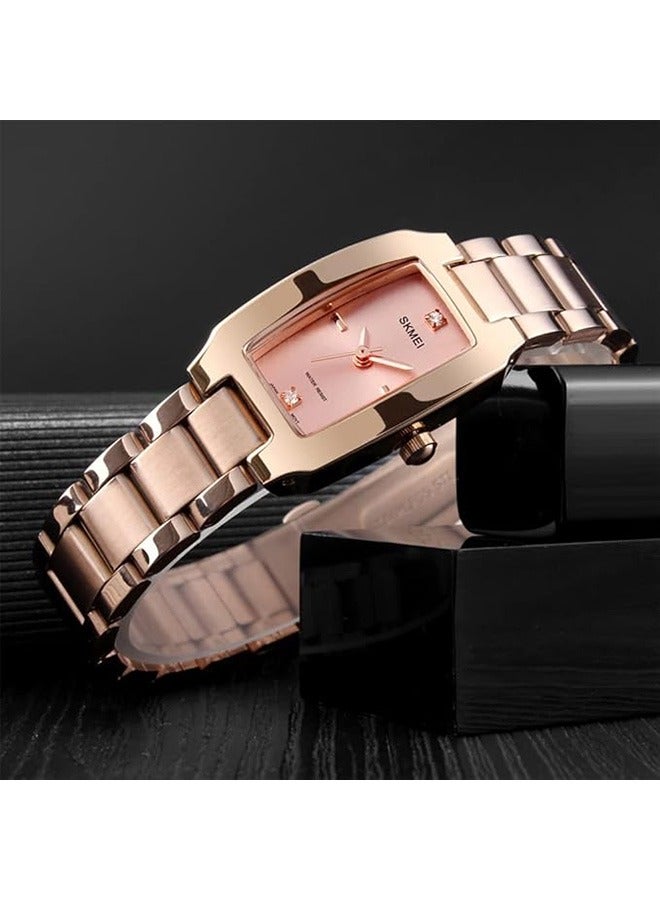 SKMEI Watches for Women Ladies, Female Simple Square, Stainless Luxury Fashion Small Slim Analog Quartz Waterproof, Dress Casual, Wife, Girls, Gifts Rose Gold Wrist Watch - Image 4