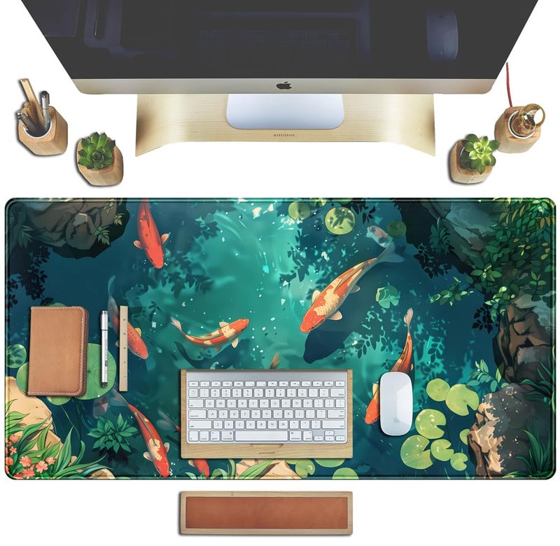TENG DA QING Koi Fish Desk Mat Gaming Koi Pond Desk Pad Large Cute Mouse Pad, Goldfish Mouse Mat XXL Laptop Keyboard Pad, Blue Waters Gamer Mouse Pad Full Mousepads Cool Office Accessories 31.5"x15.7" - Image 5