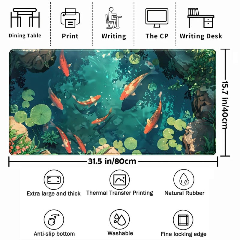 TENG DA QING Koi Fish Desk Mat Gaming Koi Pond Desk Pad Large Cute Mouse Pad, Goldfish Mouse Mat XXL Laptop Keyboard Pad, Blue Waters Gamer Mouse Pad Full Mousepads Cool Office Accessories 31.5"x15.7" - Image 3