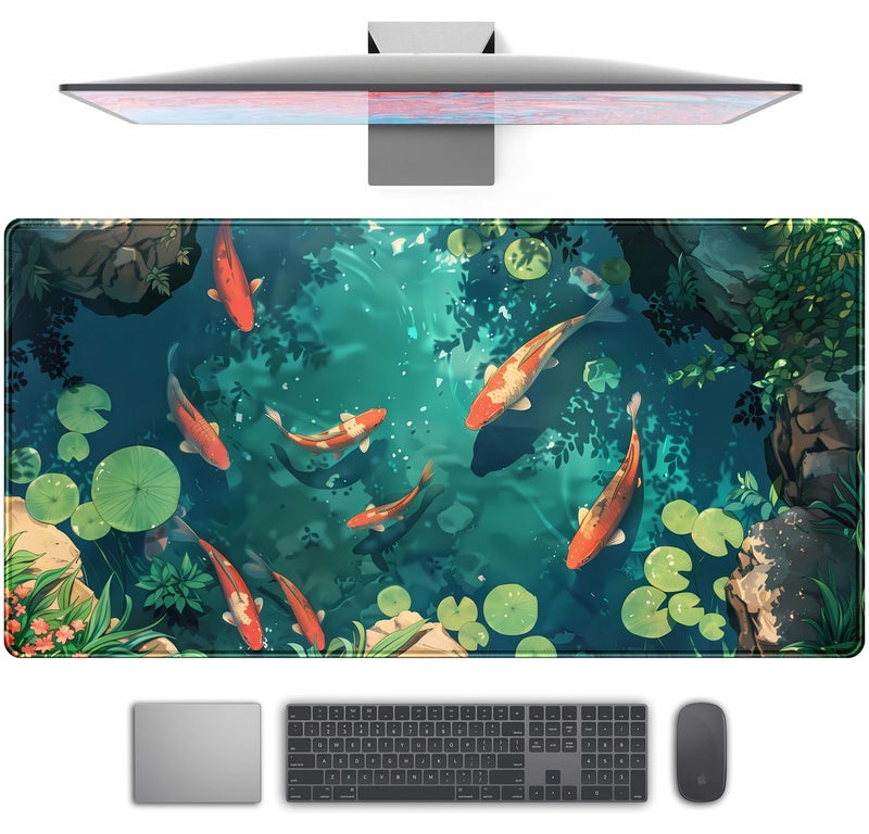 TENG DA QING Koi Fish Desk Mat Gaming Koi Pond Desk Pad Large Cute Mouse Pad, Goldfish Mouse Mat XXL Laptop Keyboard Pad, Blue Waters Gamer Mouse Pad Full Mousepads Cool Office Accessories 31.5"x15.7" - Image 1