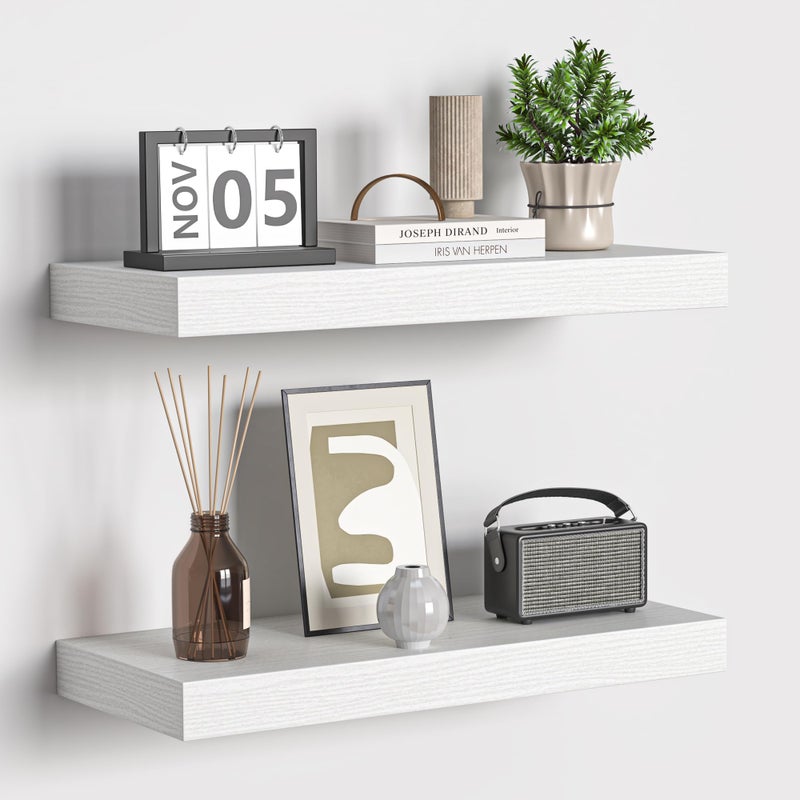 Fun Memories Floating Shelves  16 Inch Rustic White Wall Shelf  Wall Mounted Shelves for Wall Decor Storage  Wooden Shelves with Invisible Brackets for Living Room Bedroom Kitchen 2 Pack