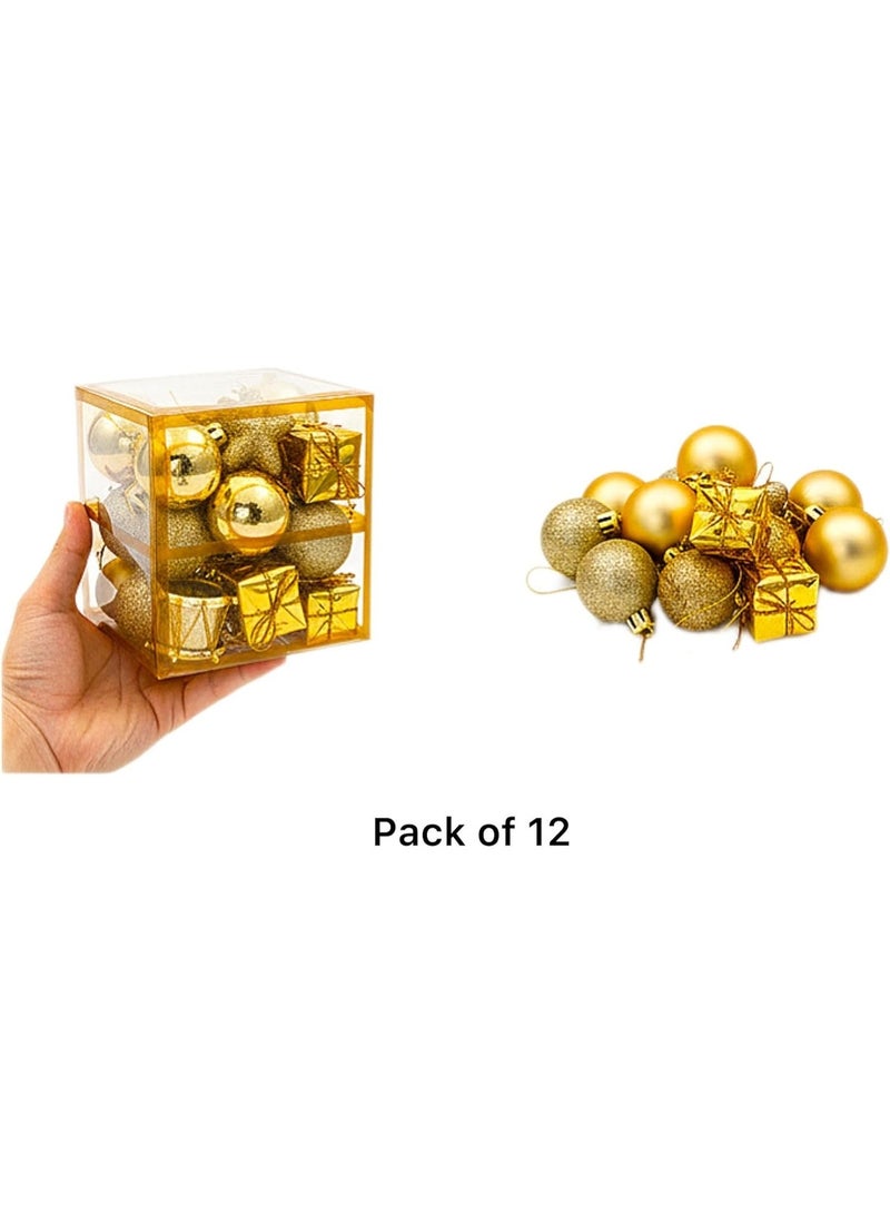 Happy Hugs Luxury Christmas Ornaments Set, 12 Pieces Gold Glitter Balls and Gift Boxes, Holiday Tree Decorations in Clear Storage Box - Image 1